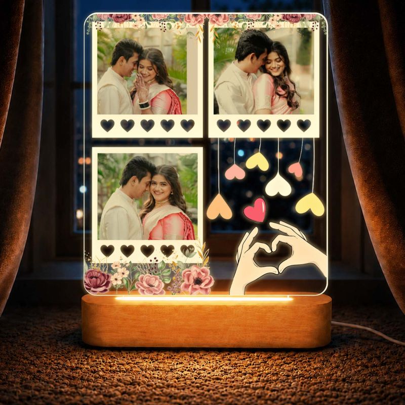 Personalized Wedding & Valentine's Day Gift for Couples, Husband, Wife Decorative Bedside Night Light with Heart Hands Design and Wood Stand